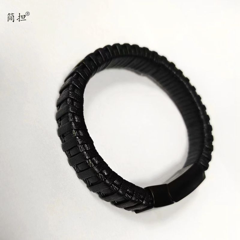 Fashion Genuine Leather Jewelry black Stainless Steel Clasp magnetic steel cable and Genuine Leather Braided Woven Bracelet