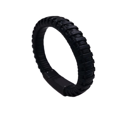 Fashion Genuine Leather Jewelry black Stainless Steel Clasp magnetic steel cable and Genuine Leather Braided Woven Bracelet