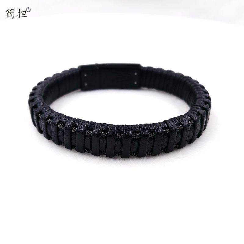 Fashion Genuine Leather Jewelry black Stainless Steel Clasp magnetic steel cable and Genuine Leather Braided Woven Bracelet