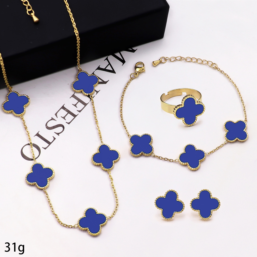 High Quality Jewelry Fashion Designer Brand Luxury Stainless Steel 18k Gold Plated Four Leaf Clover Necklace Set For Women