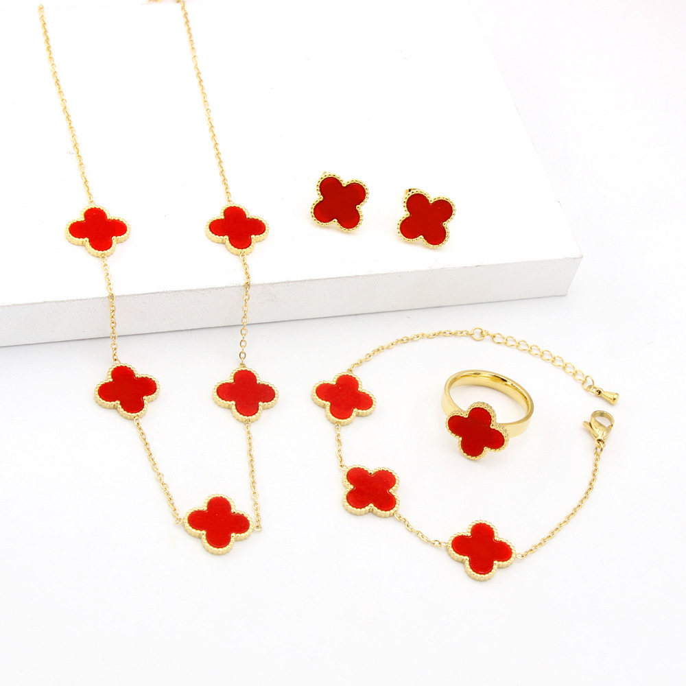 High Quality Jewelry Fashion Designer Brand Luxury Stainless Steel 18k Gold Plated Four Leaf Clover Necklace Set For Women