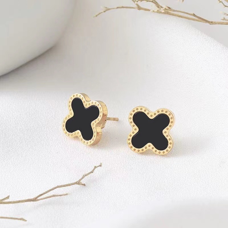 High Quality Jewelry Fashion Designer Brand Luxury Stainless Steel 18k Gold Plated Four Leaf Clover Earrings For Women