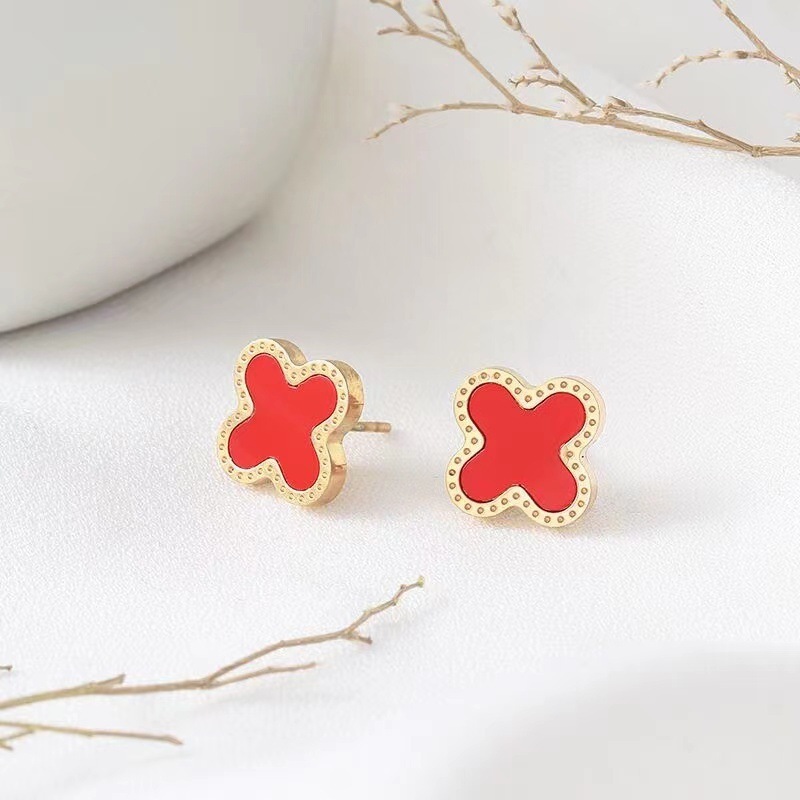 High Quality Jewelry Fashion Designer Brand Luxury Stainless Steel 18k Gold Plated Four Leaf Clover Earrings For Women