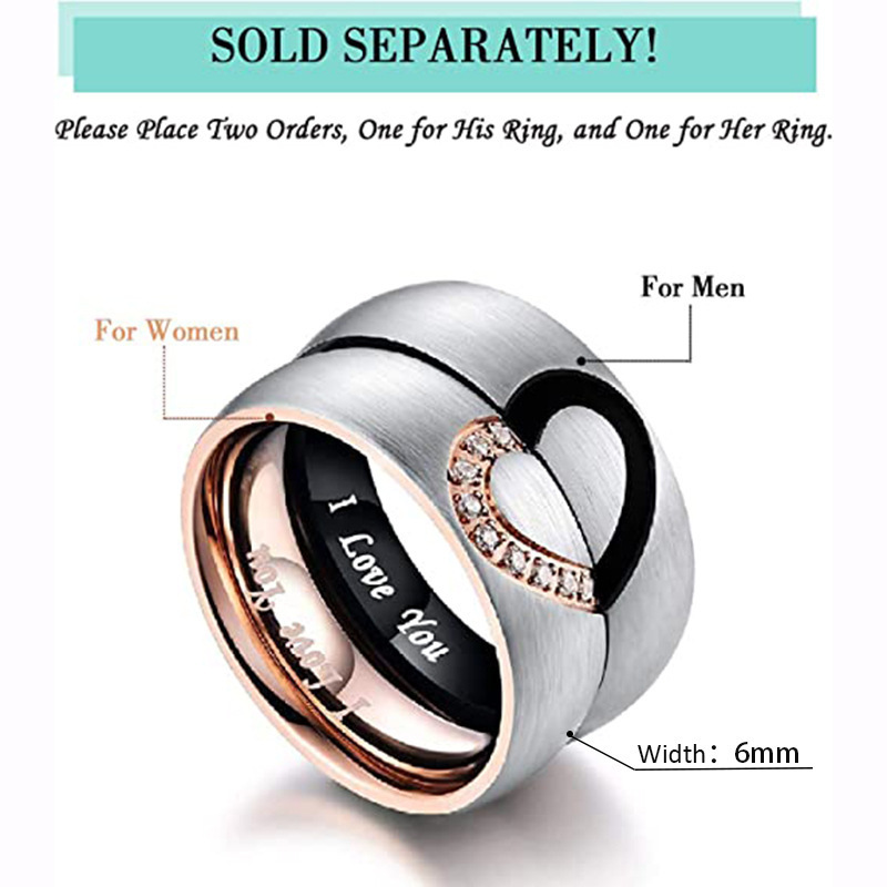 New Design 6mm His & Hers Real Love Zircon Heart Mix Colors Promise Ring Stainless Steel Couples Wedding Engagement Bands Ring