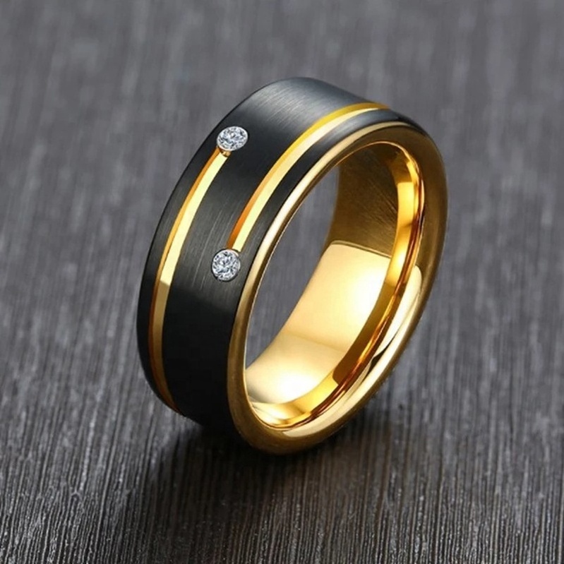 Custom Logo Fashion Men Jewelry Black Dull Polish Diamond Engagement Wedding Band Party Tungsten Zircon Carbide Steel Ring