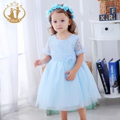 NIMBLE Summer Blue Beaded Lace Puff Sleeve Baby Girls Birthday Party Frock Flower Girls Dresses Toddler Kids Wedding Clothes