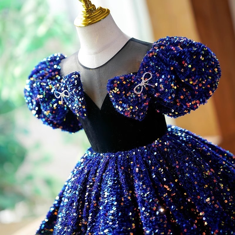 2-12 Years Bows Navy Sequined Fancy Children Celebration Wear Toddler Kids Party Gown Princess Clothing Flower Girls Dresses