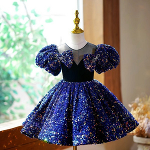 2-12 Years Bows Navy Sequined Fancy Children Celebration Wear Toddler Kids Party Gown Princess Clothing Flower Girls Dresses