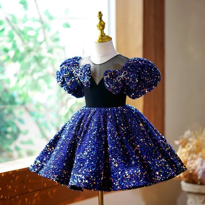 2-12 Years Bows Navy Sequined Fancy Children Celebration Wear Toddler Kids Party Gown Princess Clothing Flower Girls Dresses