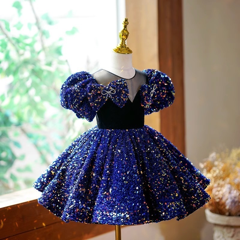 2-12 Years Bows Navy Sequined Fancy Children Celebration Wear Toddler Kids Party Gown Princess Clothing Flower Girls Dresses