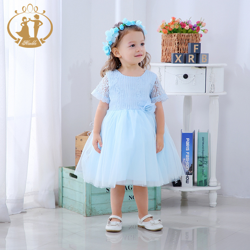 NIMBLE Summer Blue Beaded Lace Puff Sleeve Baby Girls Birthday Party Frock Flower Girls Dresses Toddler Kids Wedding Clothes