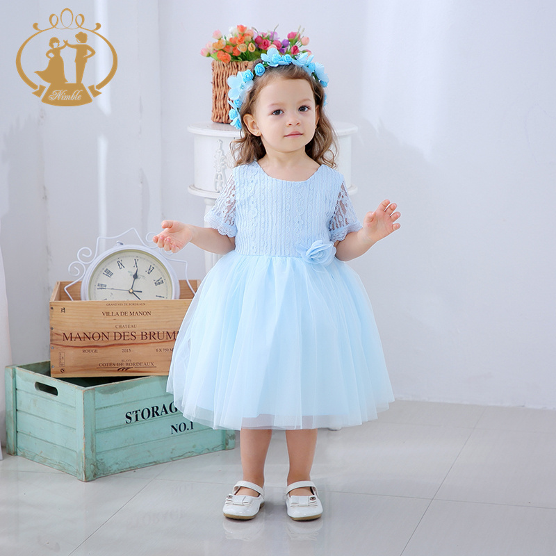 NIMBLE Summer Blue Beaded Lace Puff Sleeve Baby Girls Birthday Party Frock Flower Girls Dresses Toddler Kids Wedding Clothes