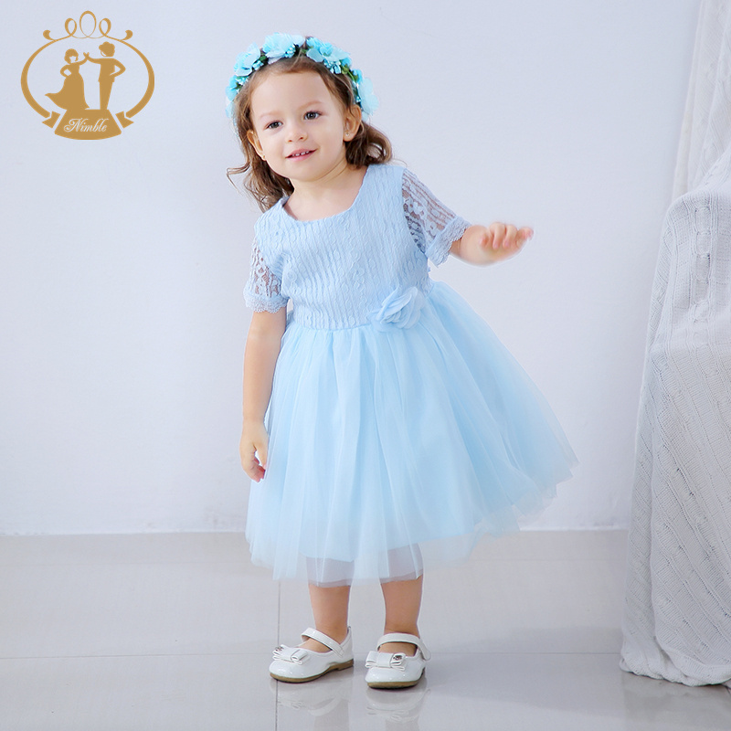 NIMBLE Summer Blue Beaded Lace Puff Sleeve Baby Girls Birthday Party Frock Flower Girls Dresses Toddler Kids Wedding Clothes