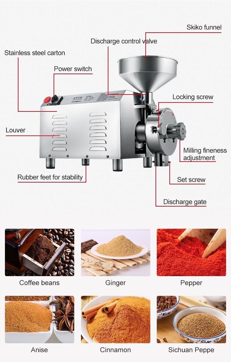 Food Grade Stainless Steel Powerful Electric Grinder Coffee Powder Making Machine Corn Grinding Machine