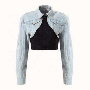 Fashion Loose Green Matching Jean Bubble Cotton Jackets Coat Custom Denim Puffer Jacket Women