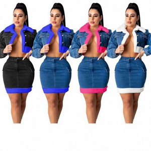 New Fall S-3XL Women Clothing Denim 2 Piece Skirt Set Patchwork Jean Jacket With Fur And Denim Skirt Suit