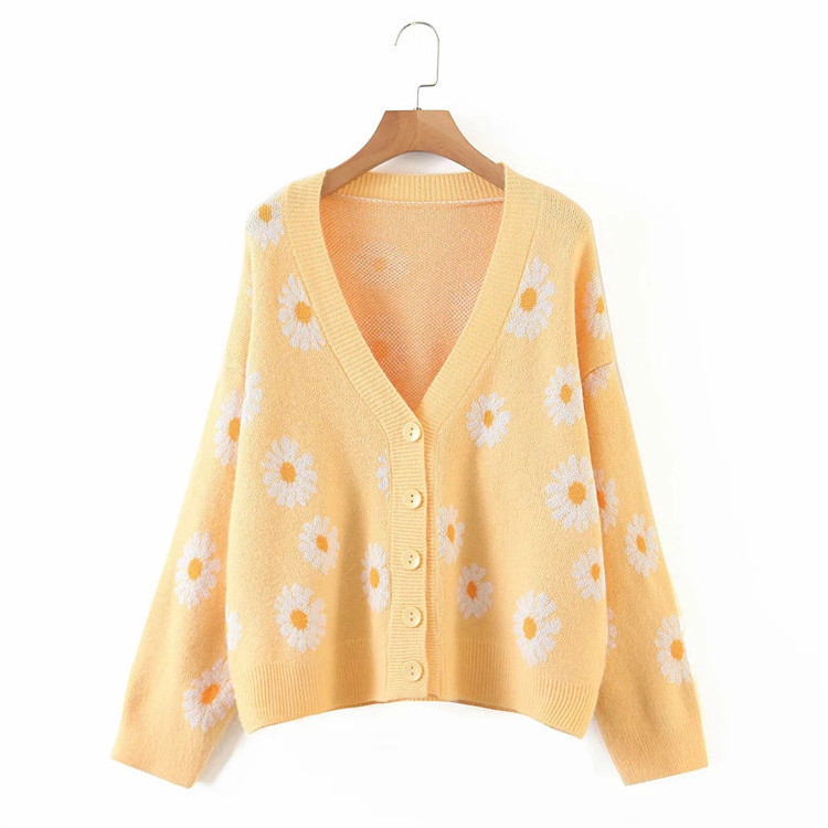 custom logo pattern jacquard knit women floral cardigan v neck daisy cardigan sweater women