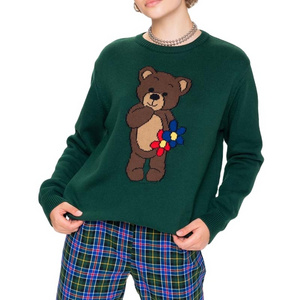 Custom Factory CUTE TEDDY BEAR KNITTED JUMPER Dark Green sweater polo teddy bear sweaters