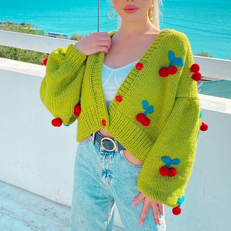 custom women hand knit long sleeve loose cherry crop cardigan sweater chunky knit crochet cardigan sweater women