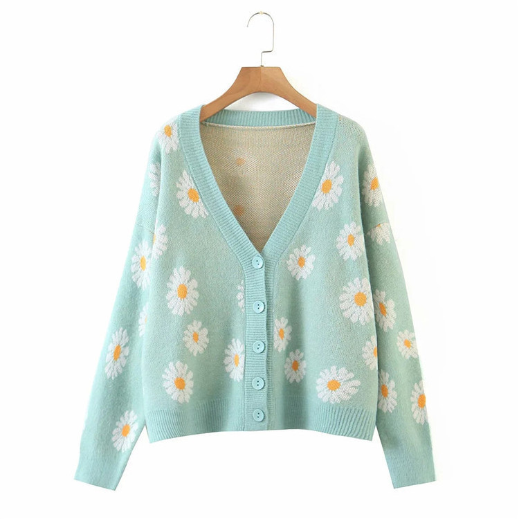 custom logo pattern jacquard knit women floral cardigan v neck daisy cardigan sweater women