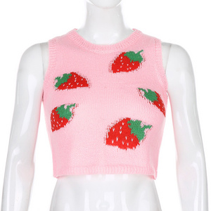 Strawberry Jacquard knitted vest pink crop woman sweater vest