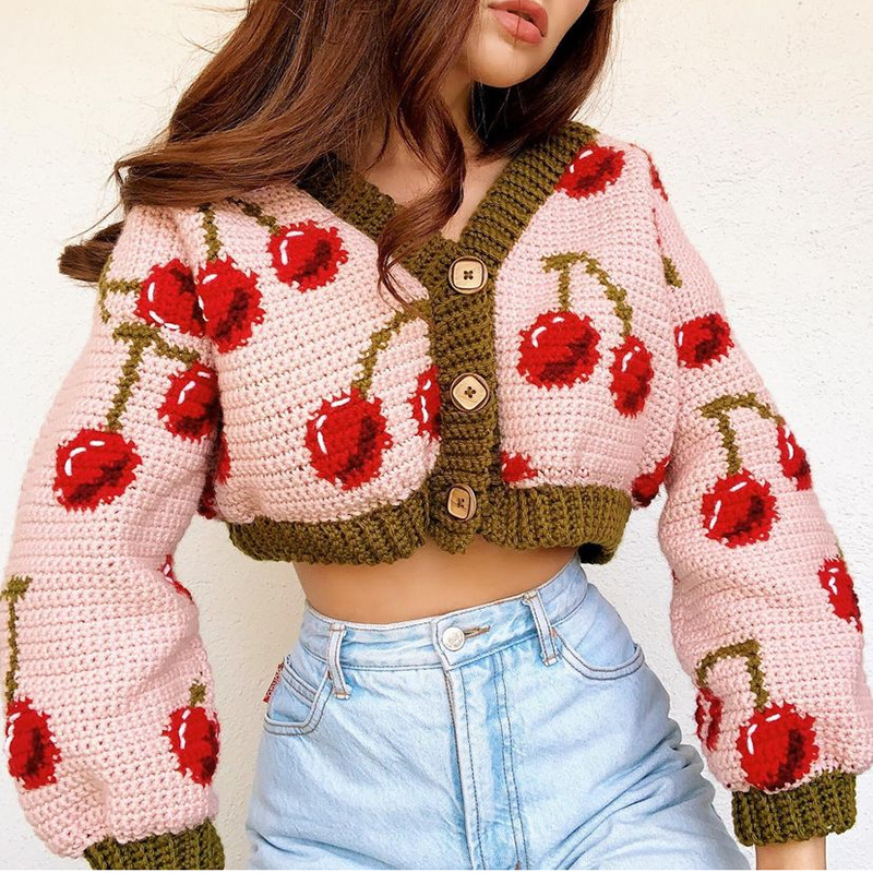 custom women hand knit long sleeve loose cherry crop cardigan sweater chunky knit crochet cardigan sweater women