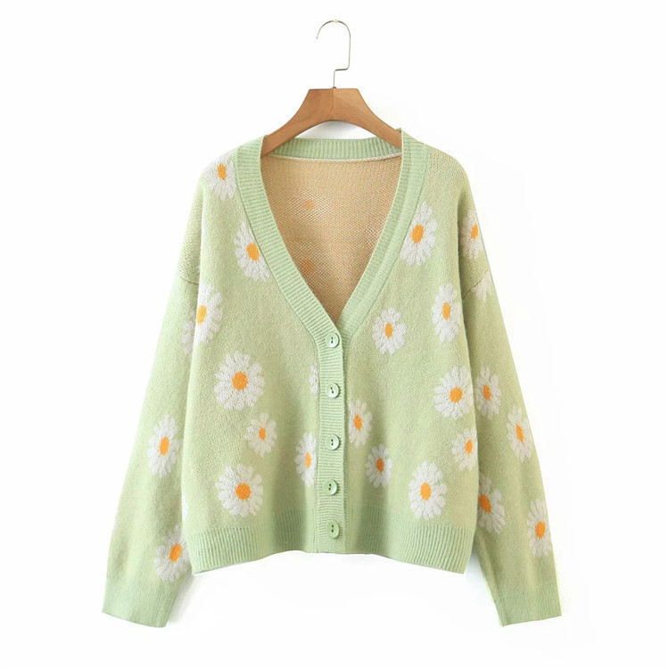 custom logo pattern jacquard knit women floral cardigan v neck daisy cardigan sweater women