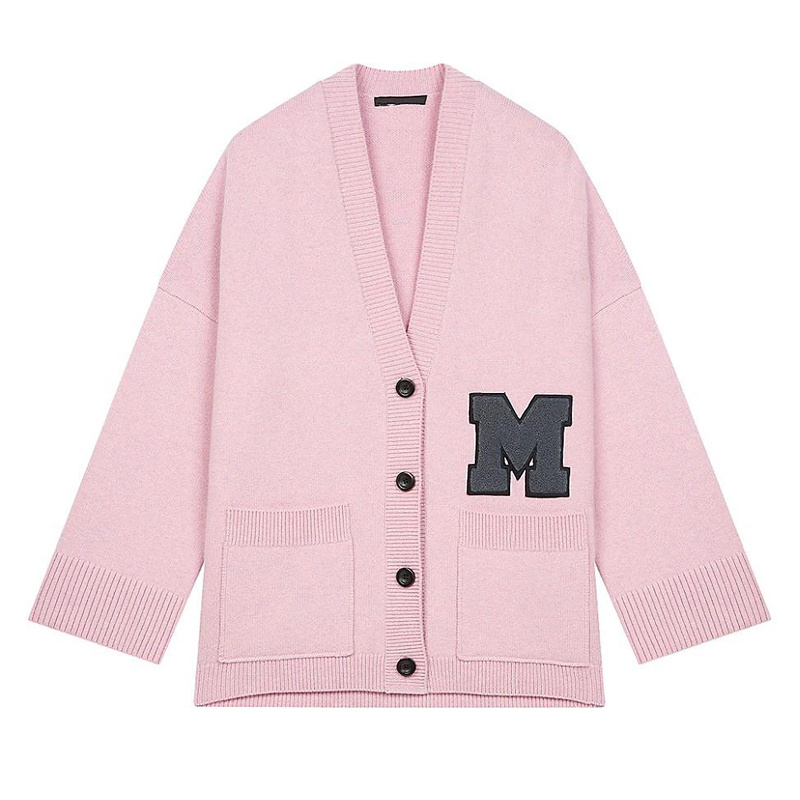 sweater manufacturing custom oversized v neck woollen ladies women cardigan sweater knit ribbed letter jacquard varsity cardigan