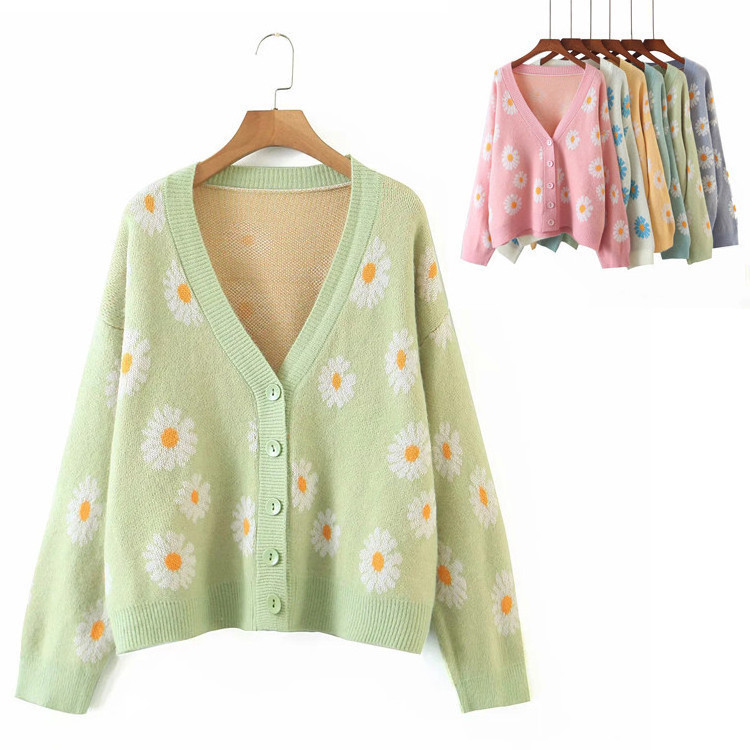 custom logo pattern jacquard knit women floral cardigan v neck daisy cardigan sweater women