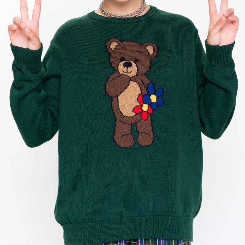 Custom Factory CUTE TEDDY BEAR KNITTED JUMPER Dark Green sweater polo teddy bear sweaters