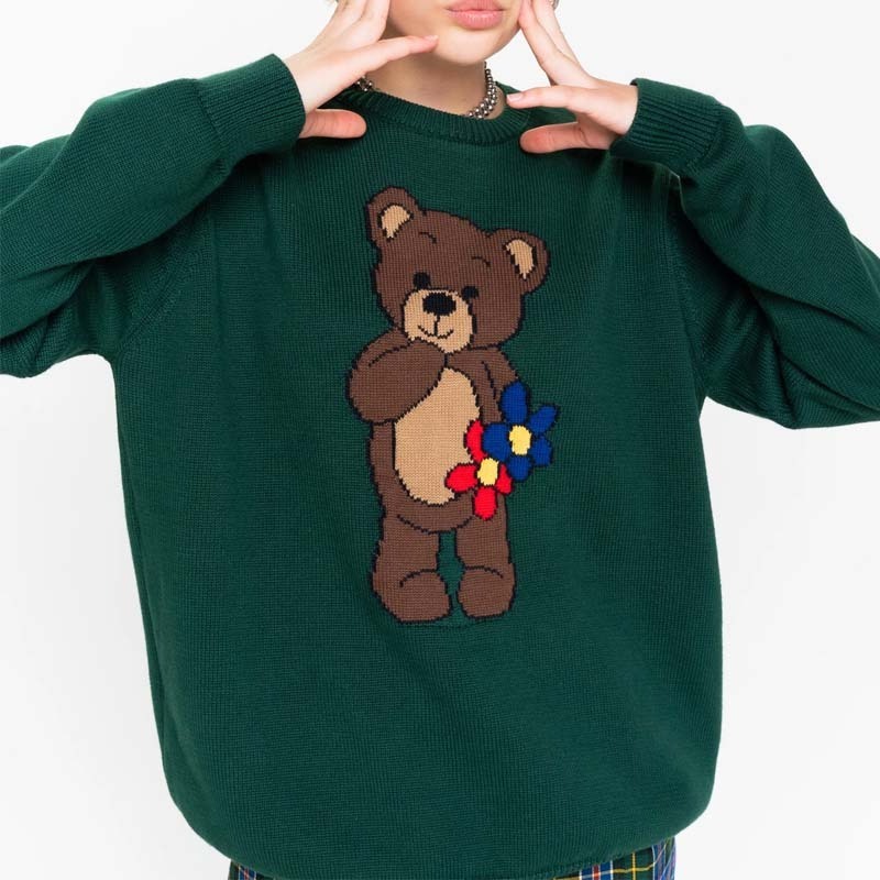 Custom Factory CUTE TEDDY BEAR KNITTED JUMPER Dark Green sweater polo teddy bear sweaters