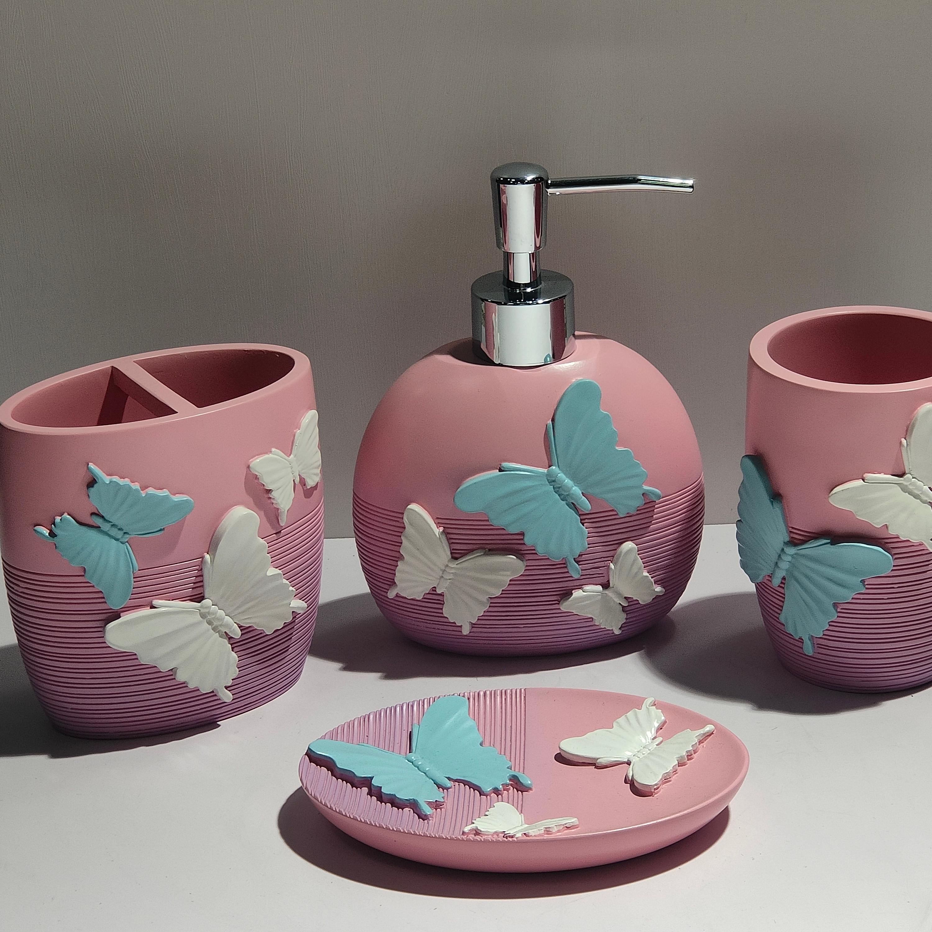 Bright Pink Butterfly Hotel Decoration Bathroom Accessories Set with Soap Dispenser Tumbler Soap Dish Toothbrush Holder