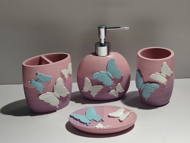 Bright Pink Butterfly Hotel Decoration Bathroom Accessories Set with Soap Dispenser Tumbler Soap Dish Toothbrush Holder