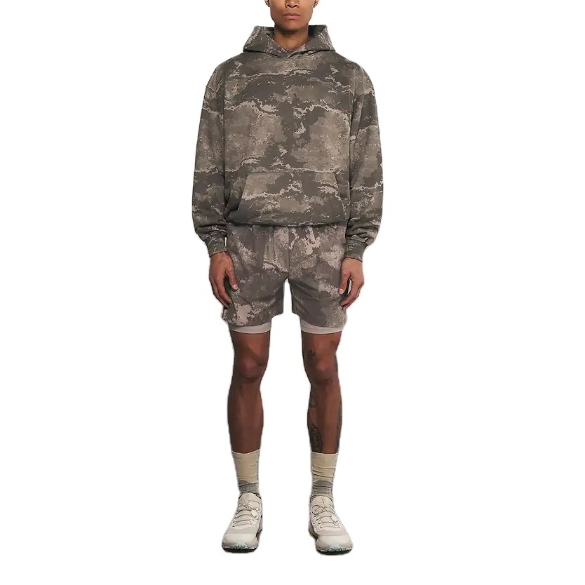 Custom Mens 400gsm Cotton Hoodies Camo Training Oversized Fit Hoodie and Shorts Set