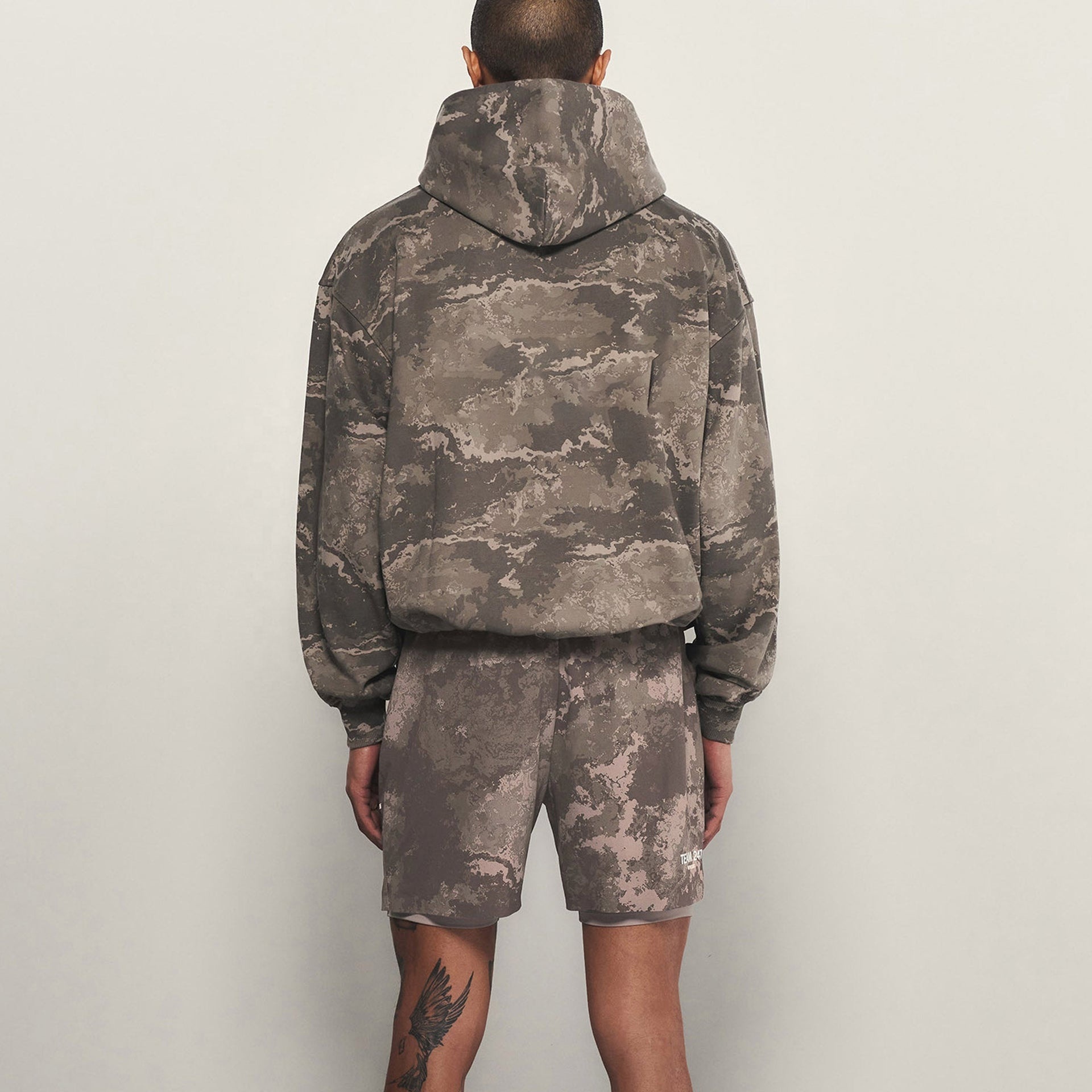 Custom Mens 400gsm Cotton Hoodies Camo Training Oversized Fit Hoodie and Shorts Set