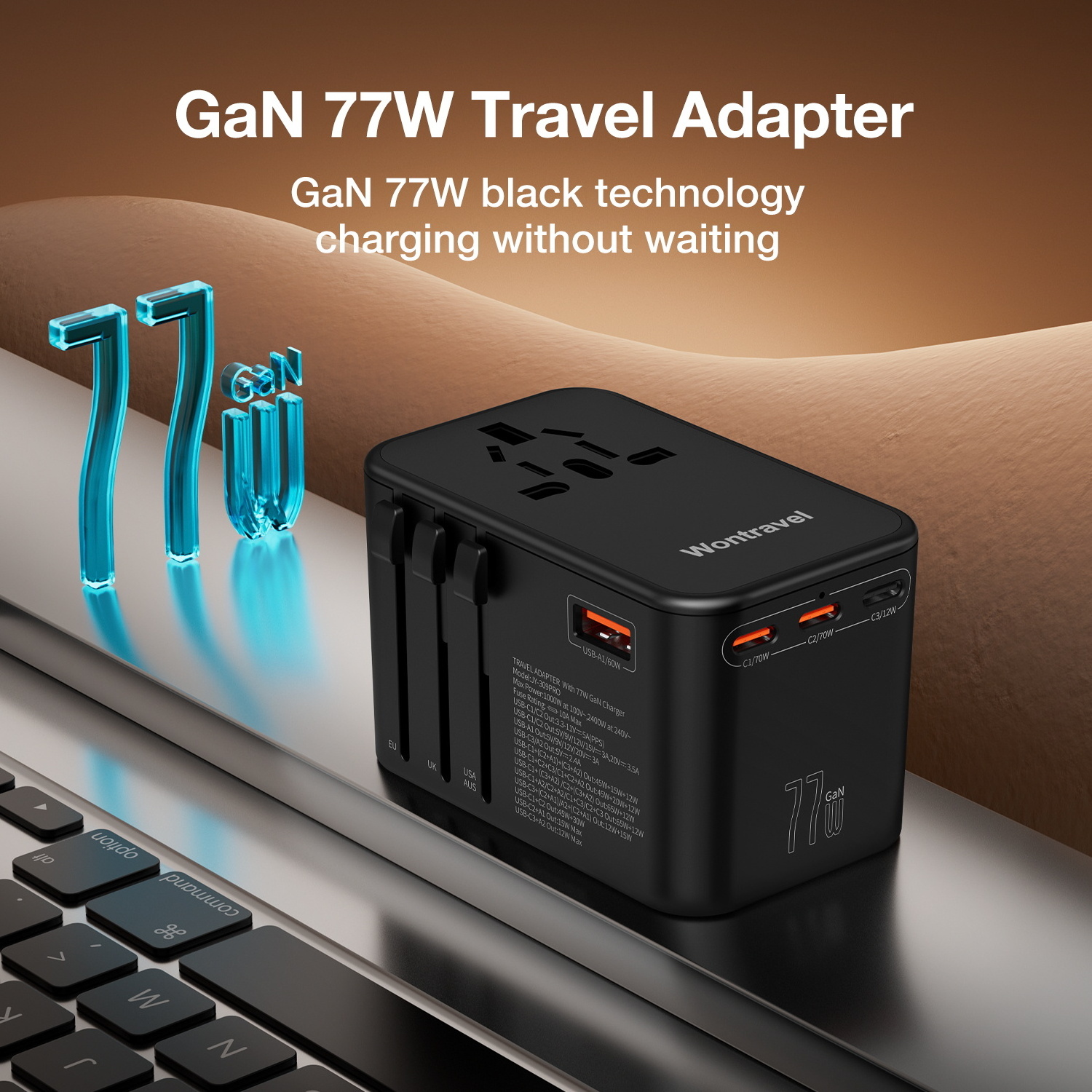 Wontravel 77W 70W Charger World Wide Travel Adaptador de viaje Quick Charger Multi Plug Universal Travel Adapter