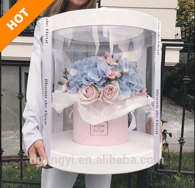 Transparent Plastic Preserved Bouquet Packaging Round Gift Clear PVC Cylindrical Flower Box For Flowers with Ribbon Handle