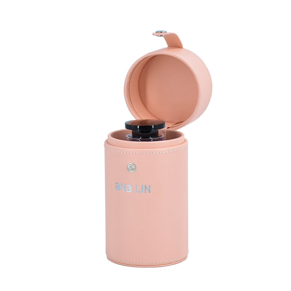 Luxury pu leather round 100ml pink perfume bottle gift packaging box with custom logo empty portable perfume storage box