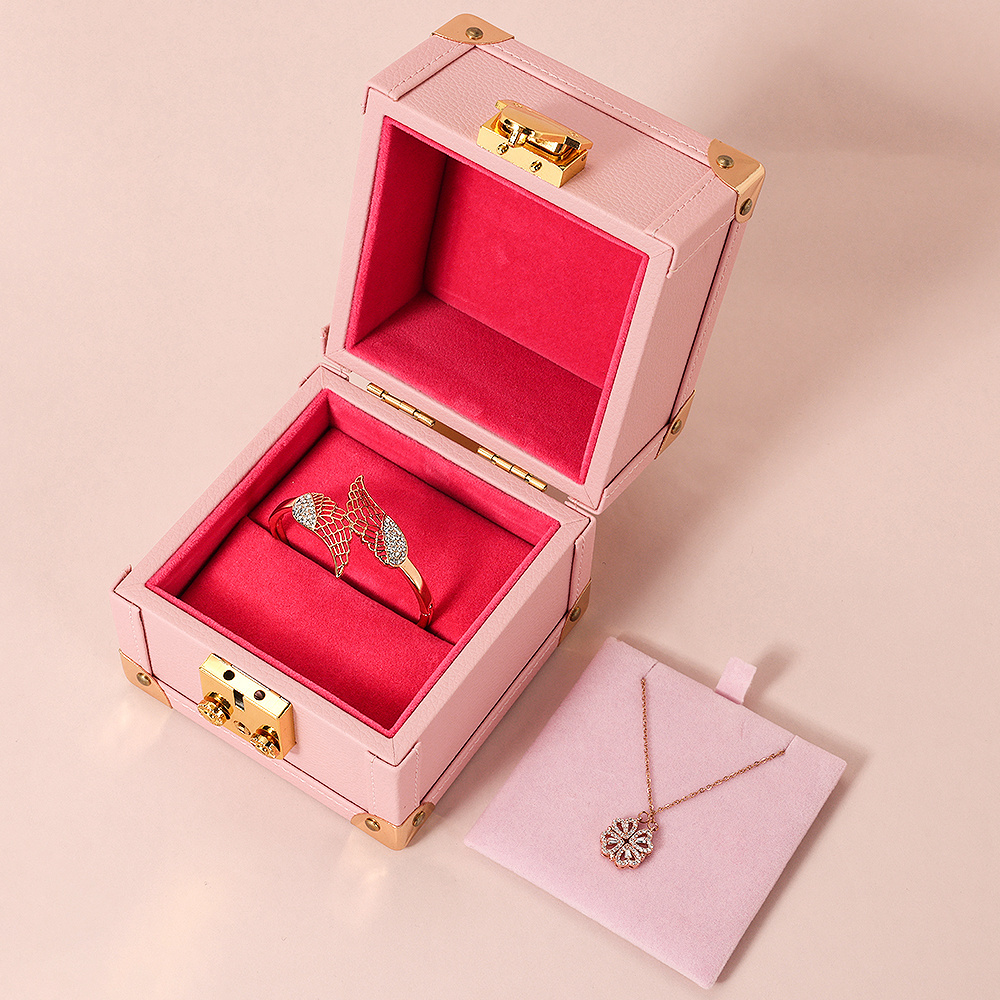 Pink Ring Necklace Girls Lock Jewelry Box Organizer PU Leather Jewellery Box Luxury Jewelry Tray Portable Storage Organizer Box