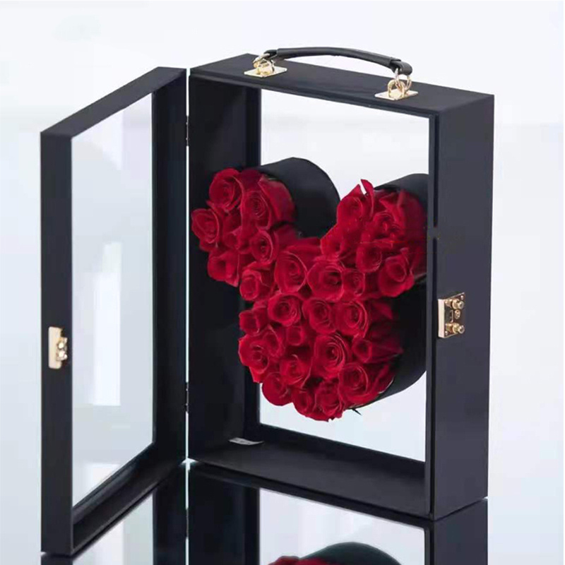 Luxury brand suitcase paper cardboard inside small heart box with clear acrylic window roses flower gift packaging boxes