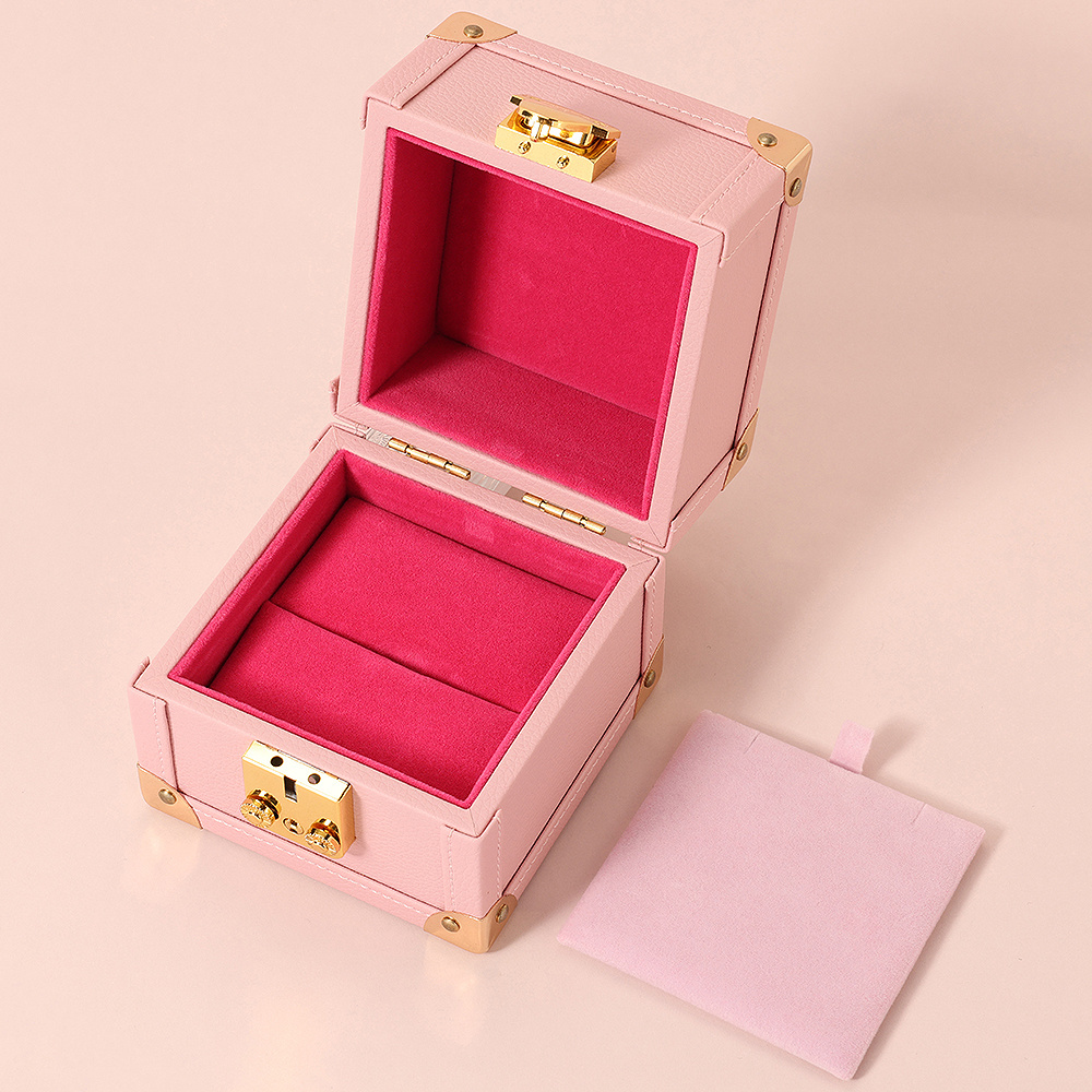 Pink Ring Necklace Girls Lock Jewelry Box Organizer PU Leather Jewellery Box Luxury Jewelry Tray Portable Storage Organizer Box