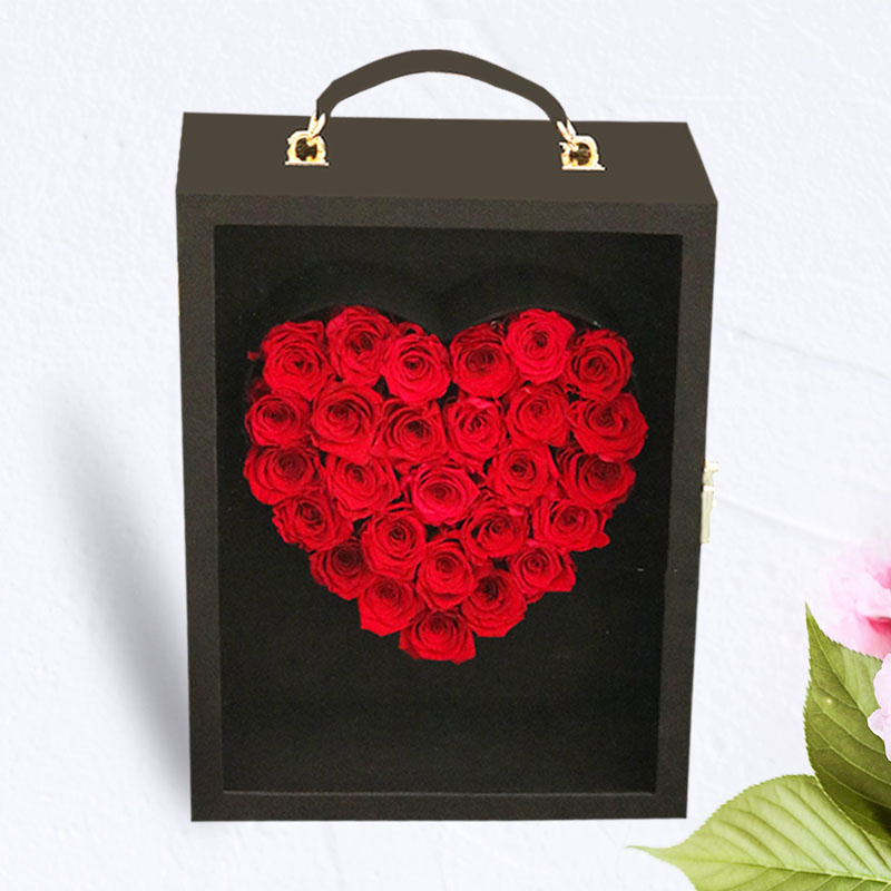 Luxury brand suitcase paper cardboard inside small heart box with clear acrylic window roses flower gift packaging boxes