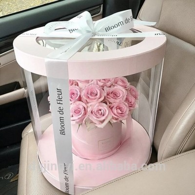 Transparent Plastic Preserved Bouquet Packaging Round Gift Clear PVC Cylindrical Flower Box For Flowers with Ribbon Handle