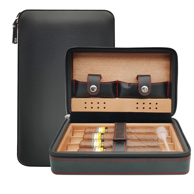 Luxury Custom pu leather cigar case portable travel humidor cigar gift packaging box with wood insert wholesale