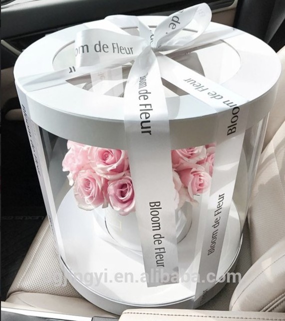 Transparent Plastic Preserved Bouquet Packaging Round Gift Clear PVC Cylindrical Flower Box For Flowers with Ribbon Handle