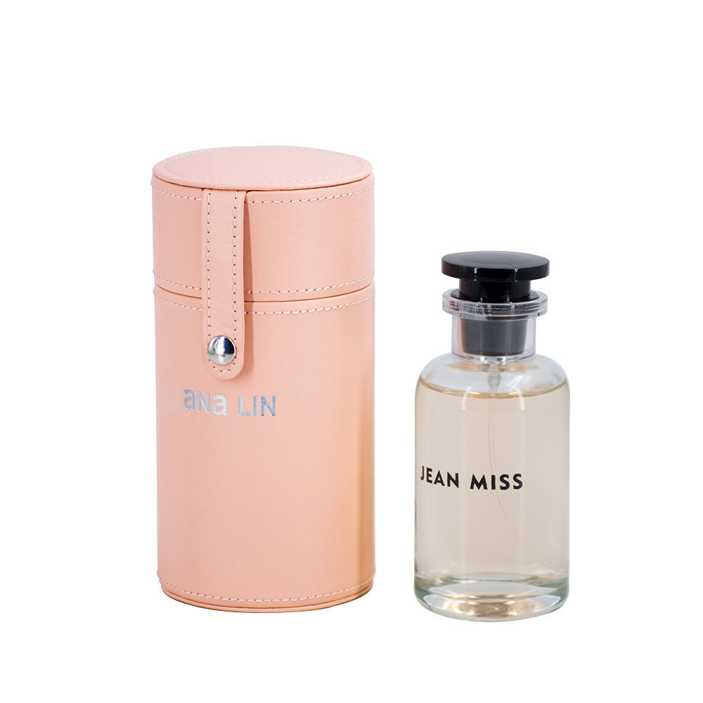 Luxury pu leather round 100ml pink perfume bottle gift packaging box with custom logo empty portable perfume storage box