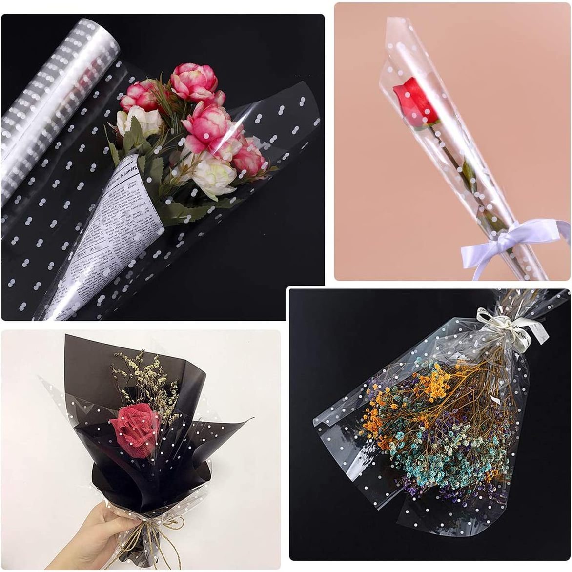 White Dot Florist Paper Wrapper Flowers Baskets Gift Long Film Wrappings Clear Plastic Cellophane Wrapping Roll