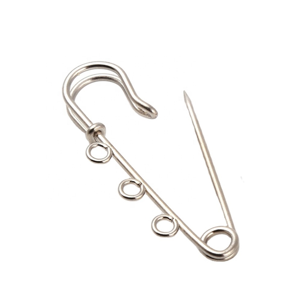 Garment brooch findings iron 40mm silver safety pin decorative pendant charm safety pin with 3 hoops for DIY