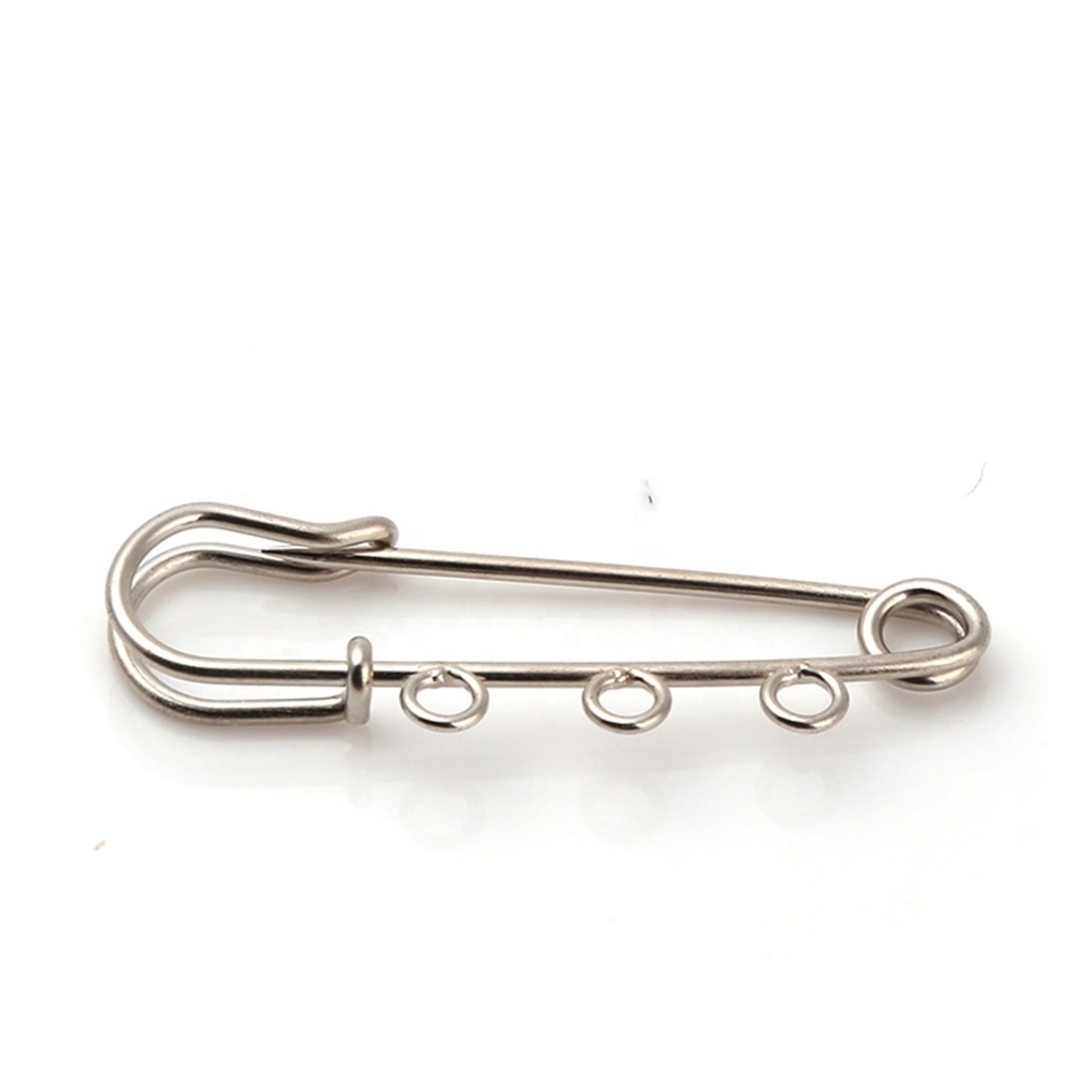 Garment brooch findings iron 40mm silver safety pin decorative pendant charm safety pin with 3 hoops for DIY