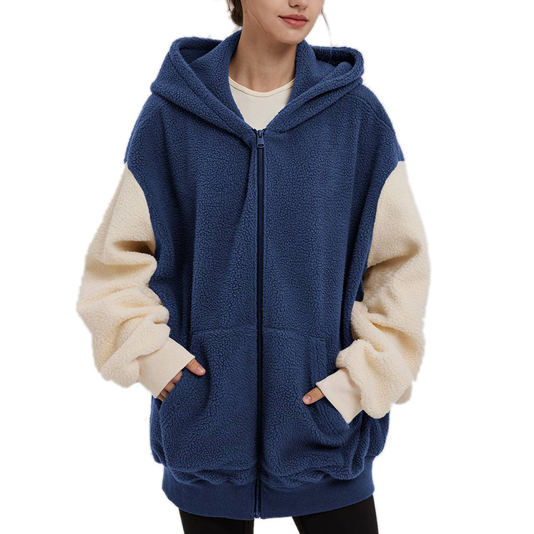 High Quality Windproof Contrast-Trim Hooded Terry Oversized Zipper Long Women's Jackets With Kangaroo Pockets